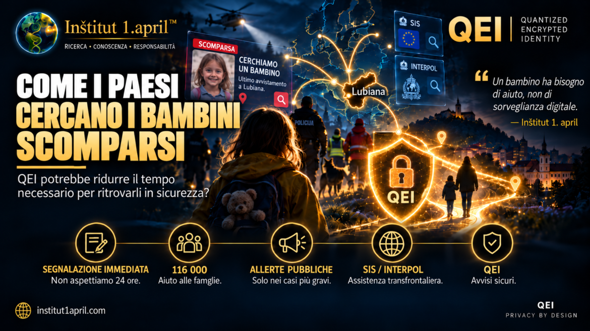 Copertina illustrativa sulla ricerca di bambini scomparsi, la cooperazione internazionale e la protezione della privacy nel concetto QEI.