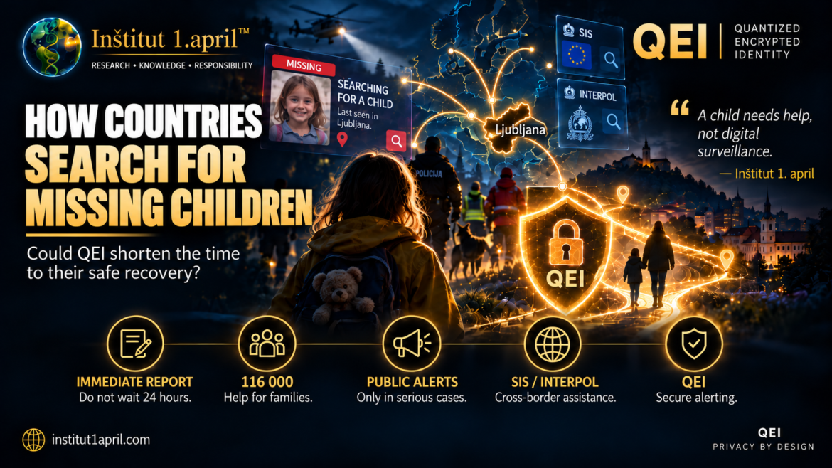 Illustrative cover about searches for missing children, cross-border cooperation and privacy-preserving alerts in the QEI research concept.